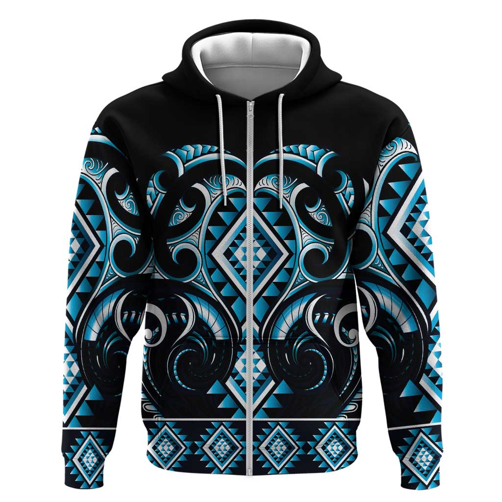 Blue Ngaru Taniko With Aotearoa Maori Tattoo Hoodie LT14 Zip Hoodie Blue - Polynesian Pride