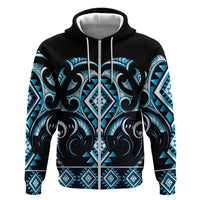 Blue Ngaru Taniko With Aotearoa Maori Tattoo Hoodie LT14 Zip Hoodie Blue - Polynesian Pride