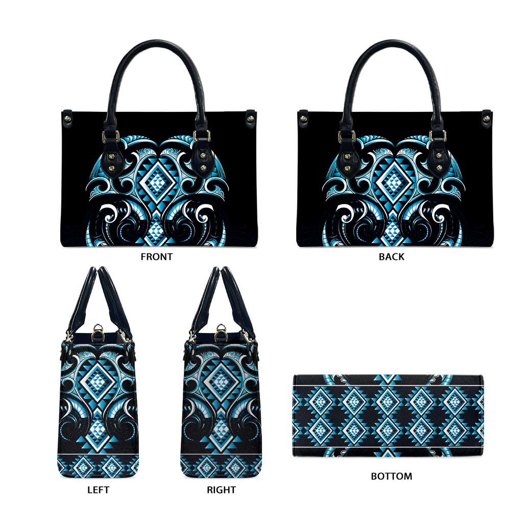 Blue Ngaru Taniko With Aotearoa Maori Tattoo Leather Bag LT14 - Polynesian Pride