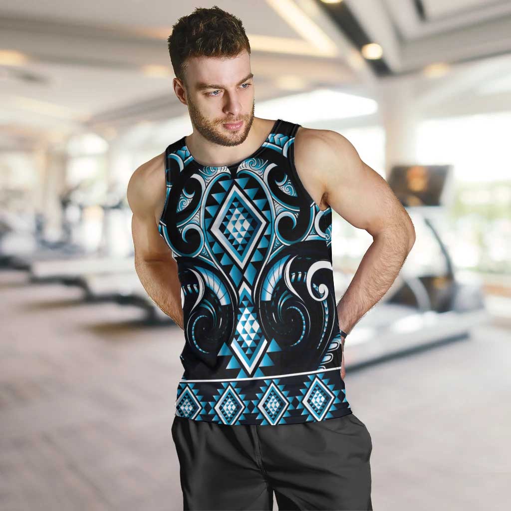 Blue Ngaru Taniko With Aotearoa Maori Tattoo Men Tank Top