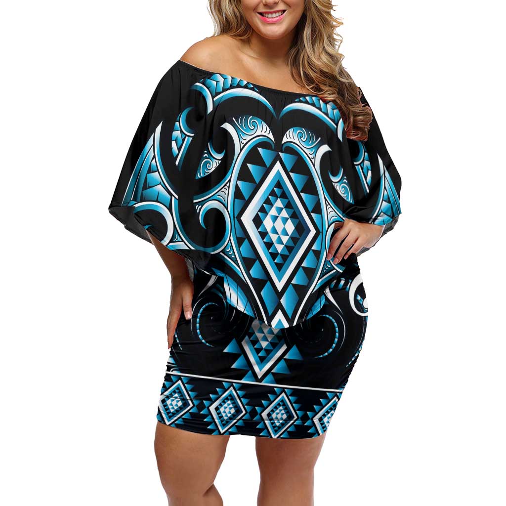 Blue Ngaru Taniko With Aotearoa Maori Tattoo Off Shoulder Short Dress