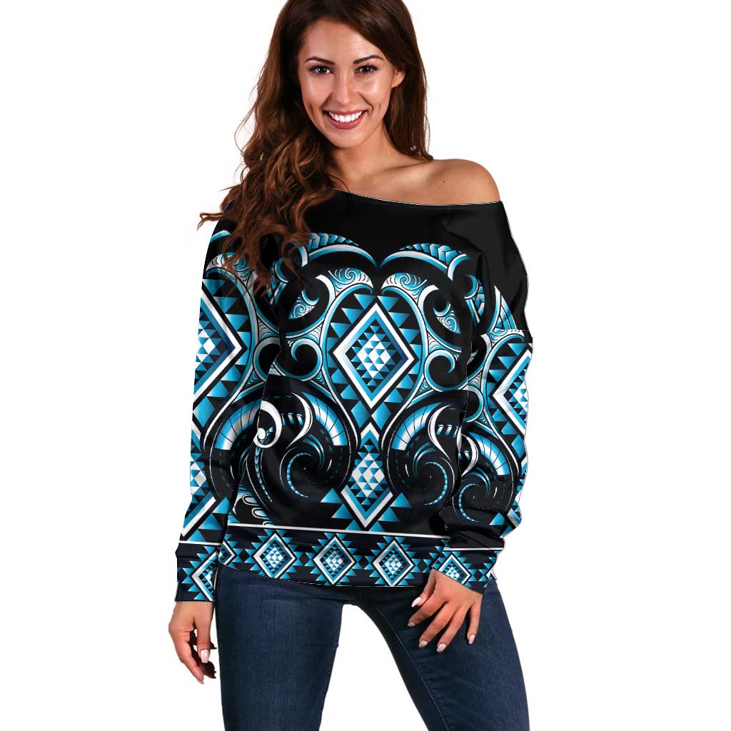 Blue Ngaru Taniko With Aotearoa Maori Tattoo Off Shoulder Sweater