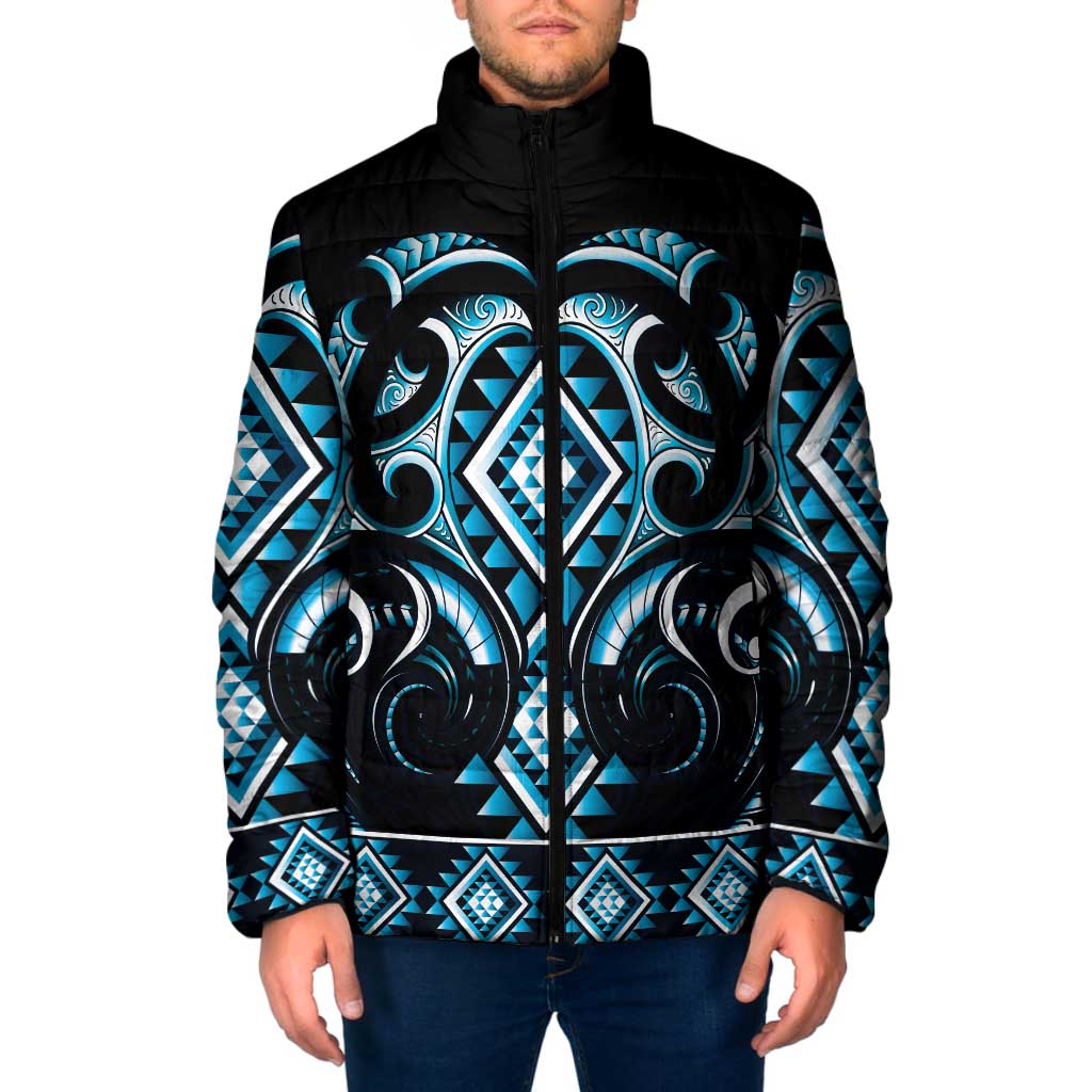 Blue Ngaru Taniko With Aotearoa Maori Tattoo Padded Jacket LT14 Men Blue - Polynesian Pride
