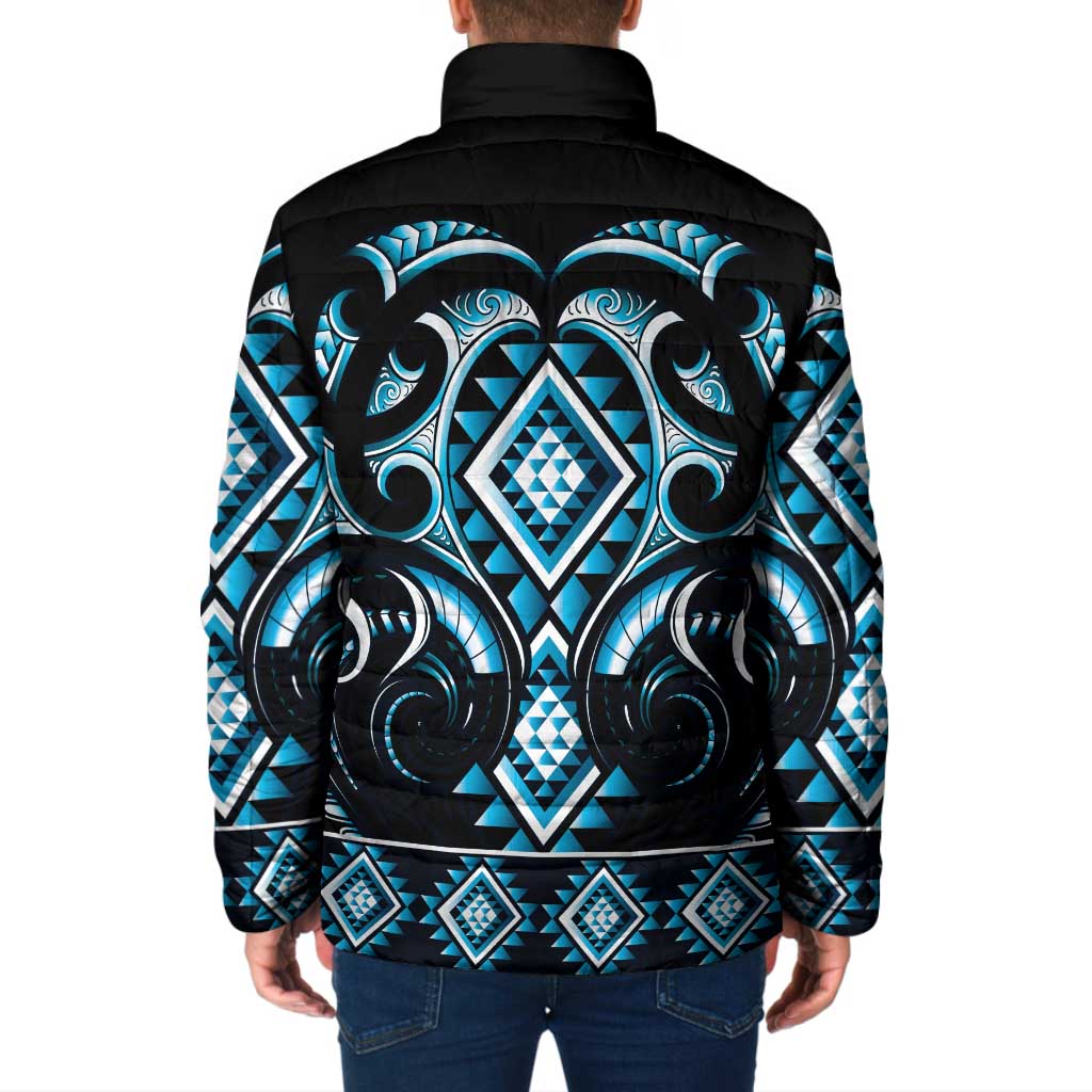 Blue Ngaru Taniko With Aotearoa Maori Tattoo Padded Jacket LT14 - Polynesian Pride