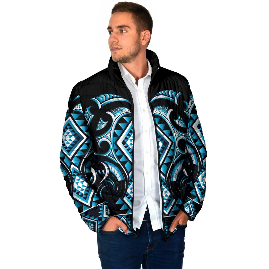 Blue Ngaru Taniko With Aotearoa Maori Tattoo Padded Jacket LT14 - Polynesian Pride