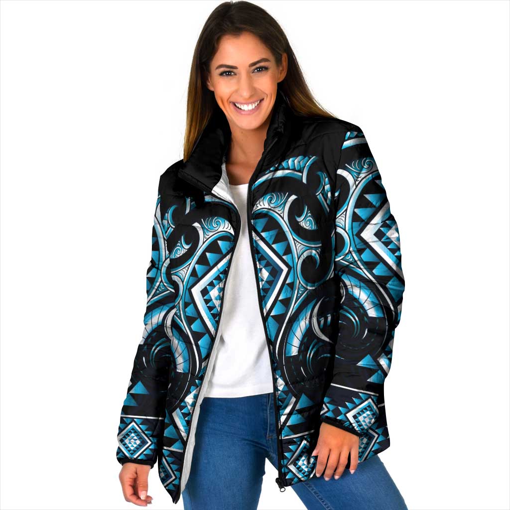 Blue Ngaru Taniko With Aotearoa Maori Tattoo Padded Jacket LT14 Women Blue - Polynesian Pride