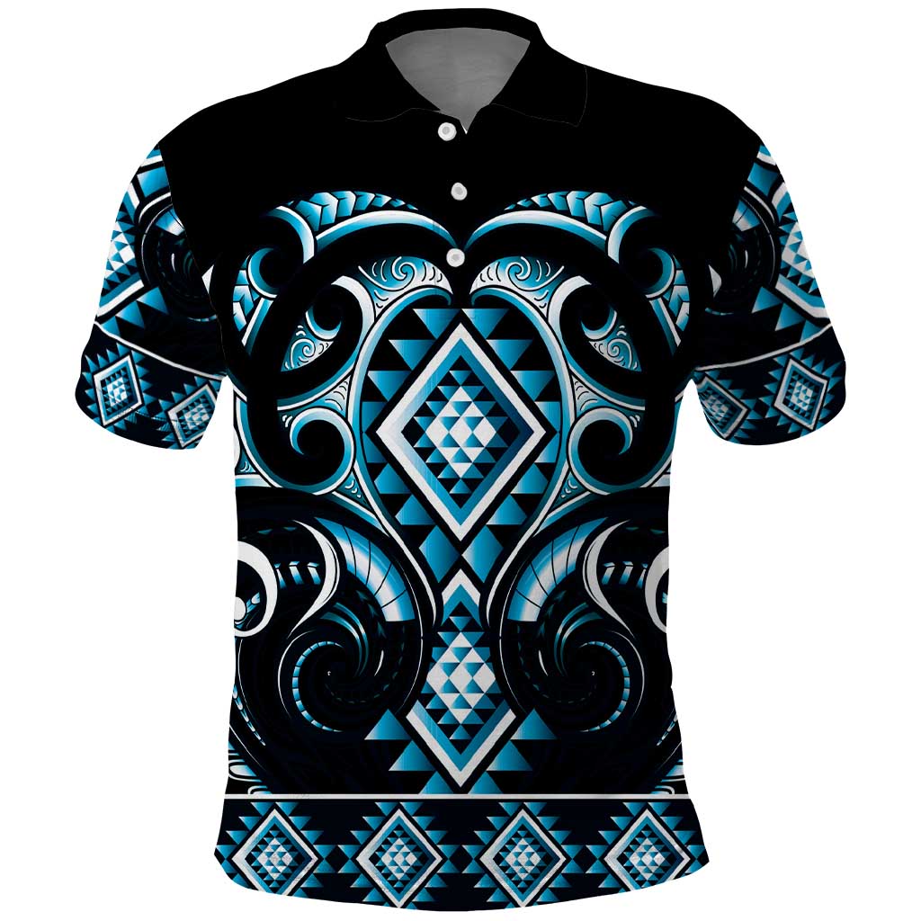 Blue Ngaru Taniko With Aotearoa Maori Tattoo Polo Shirt LT14 Blue - Polynesian Pride