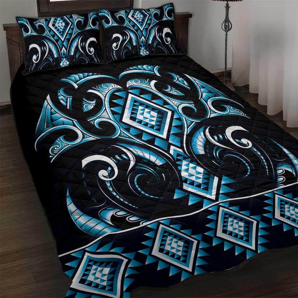 Blue Ngaru Taniko With Aotearoa Maori Tattoo Quilt Bed Set LT14 Blue - Polynesian Pride