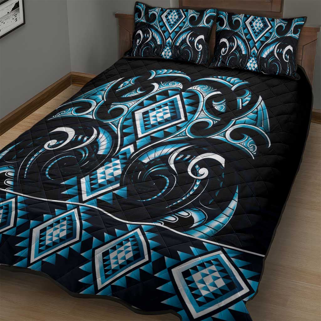 Blue Ngaru Taniko With Aotearoa Maori Tattoo Quilt Bed Set LT14 - Polynesian Pride