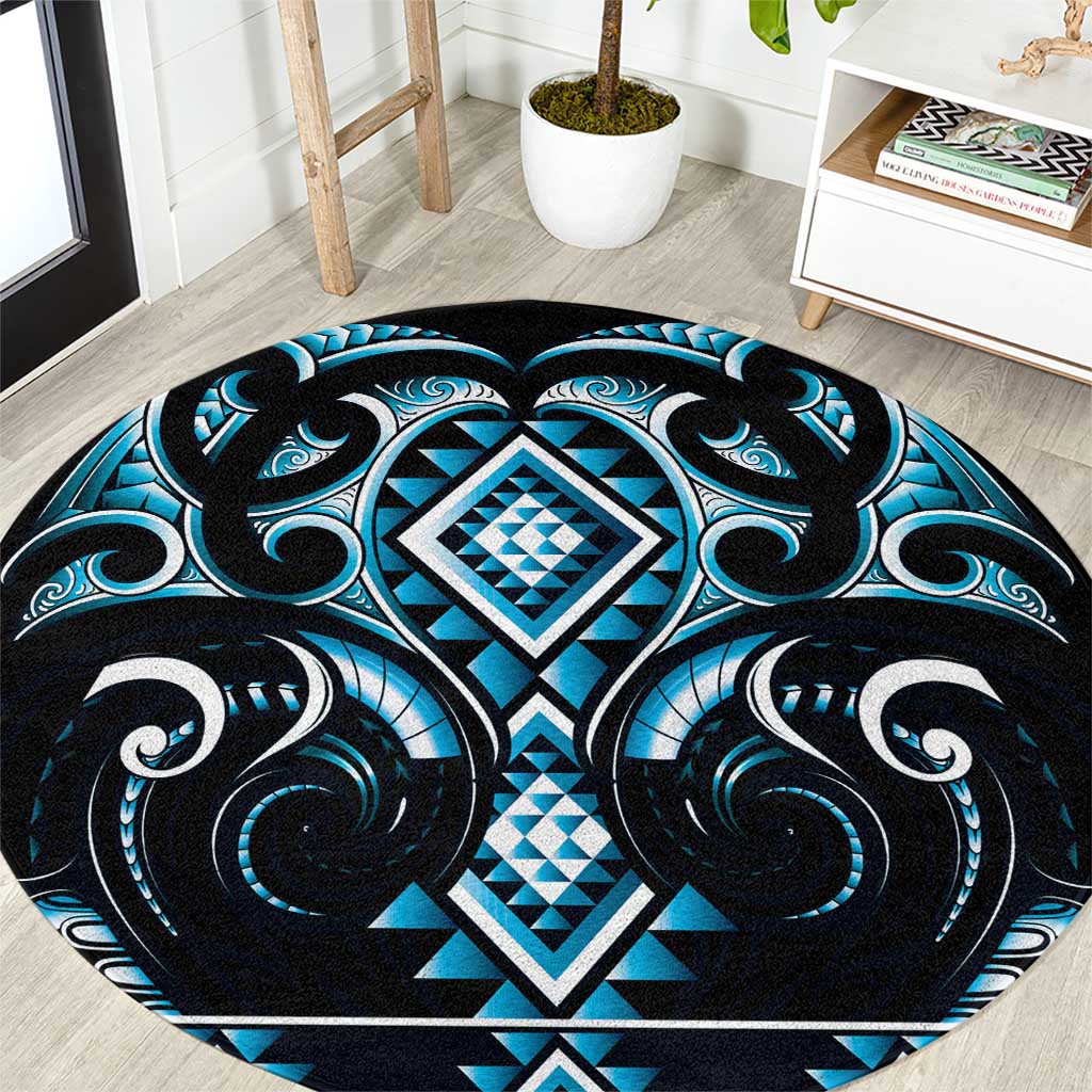 Blue Ngaru Taniko With Aotearoa Maori Tattoo Round Carpet LT14 Blue - Polynesian Pride
