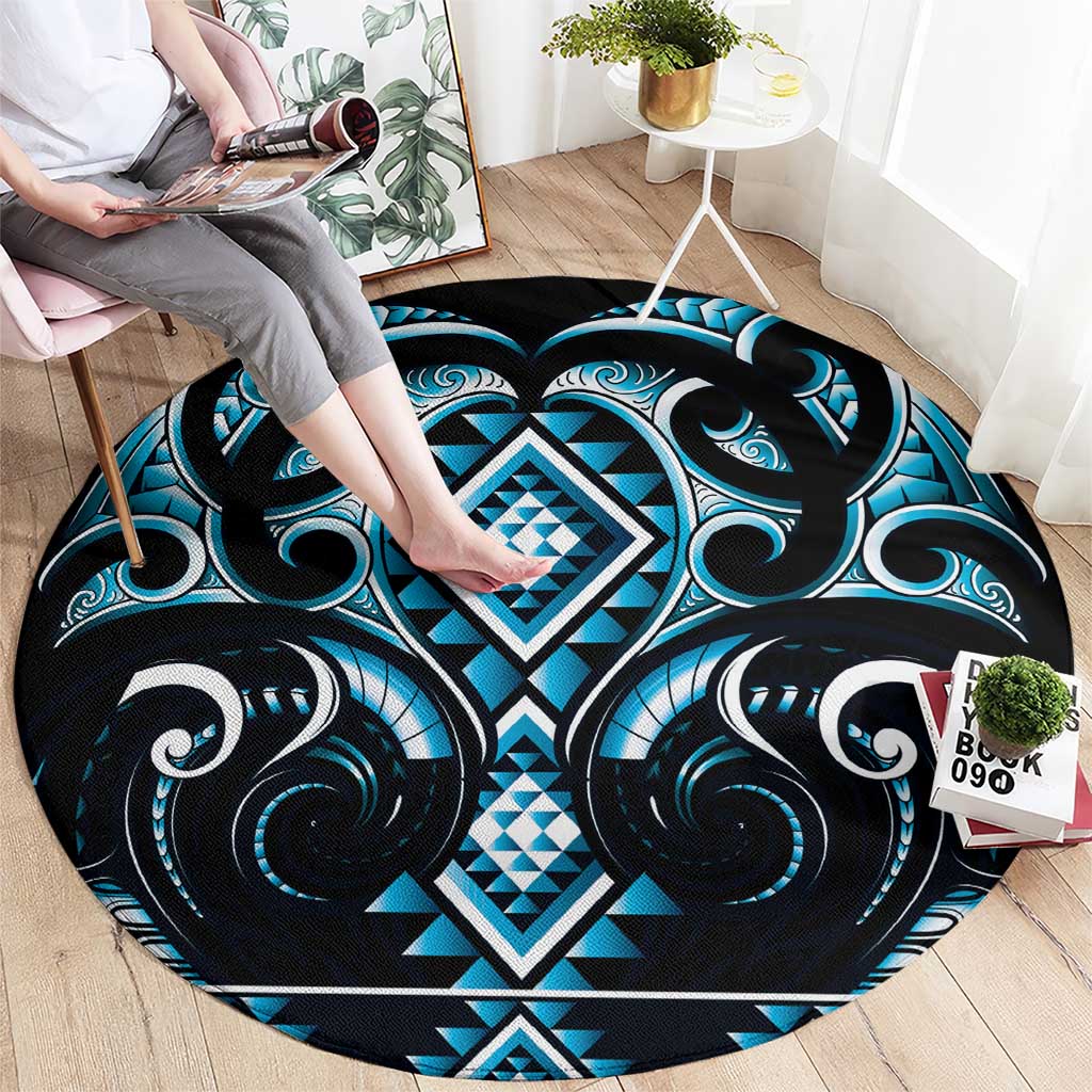 Blue Ngaru Taniko With Aotearoa Maori Tattoo Round Carpet LT14 - Polynesian Pride