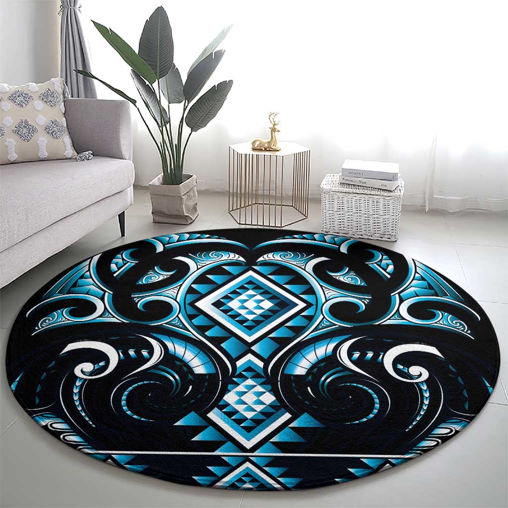 Blue Ngaru Taniko With Aotearoa Maori Tattoo Round Carpet LT14 - Polynesian Pride