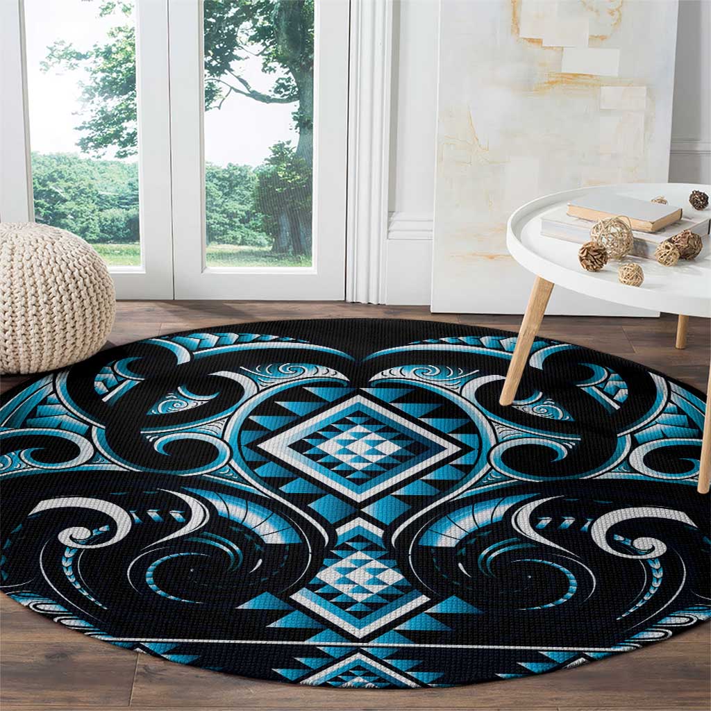Blue Ngaru Taniko With Aotearoa Maori Tattoo Round Carpet LT14 - Polynesian Pride