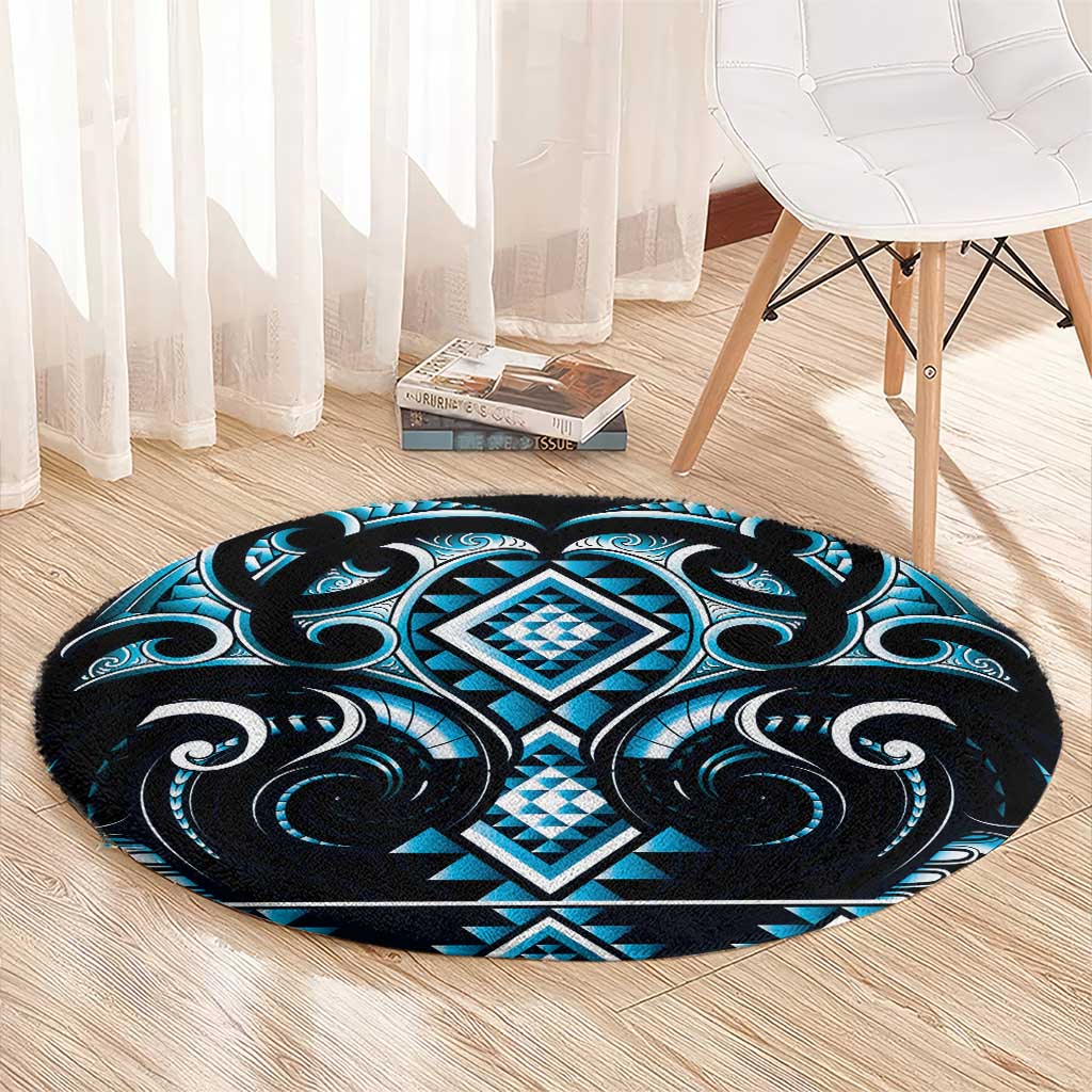 Blue Ngaru Taniko With Aotearoa Maori Tattoo Round Carpet LT14 - Polynesian Pride