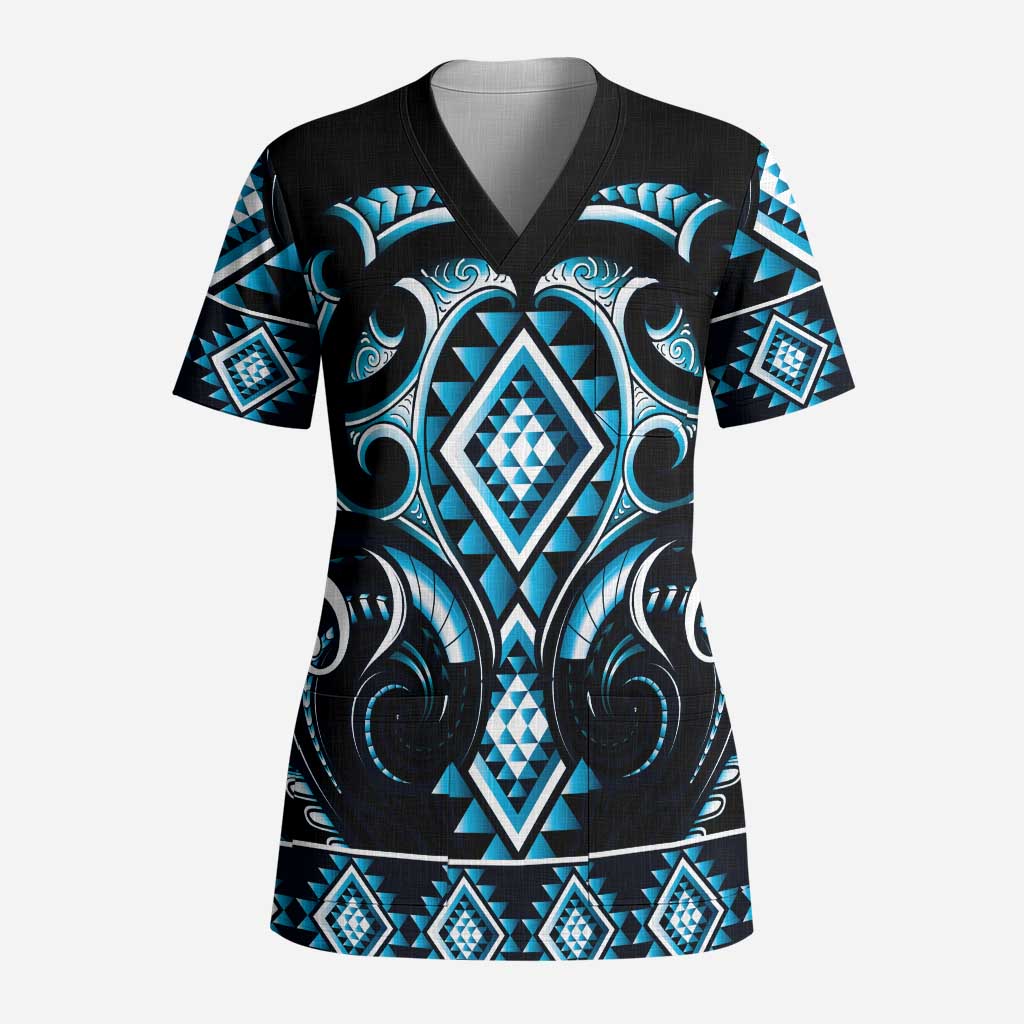 Blue Ngaru Taniko With Aotearoa Maori Tattoo Scrub Top LT14 Adult Blue - Polynesian Pride