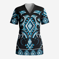 Blue Ngaru Taniko With Aotearoa Maori Tattoo Scrub Top LT14 Adult Blue - Polynesian Pride