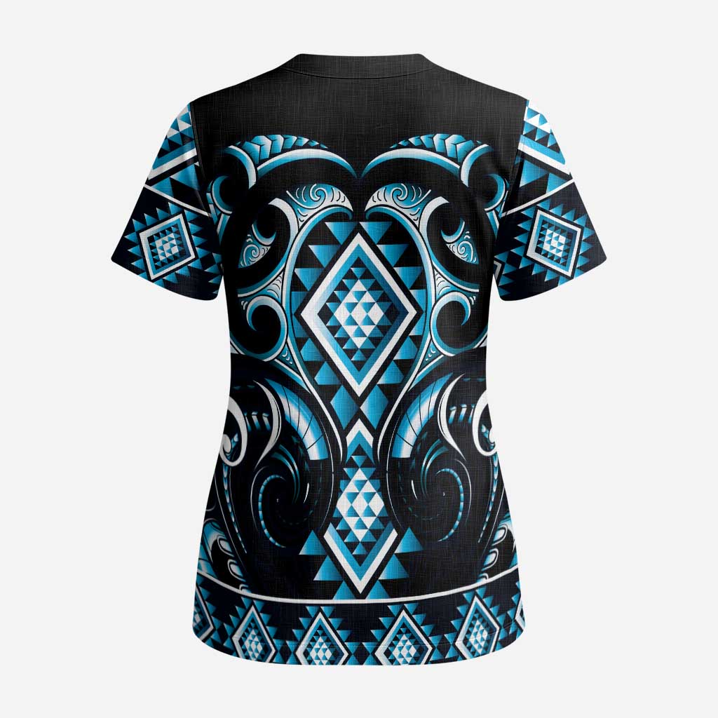 Blue Ngaru Taniko With Aotearoa Maori Tattoo Scrub Top LT14 - Polynesian Pride