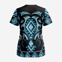 Blue Ngaru Taniko With Aotearoa Maori Tattoo Scrub Top LT14 - Polynesian Pride