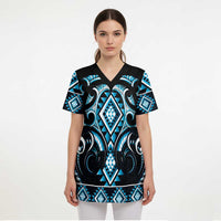 Blue Ngaru Taniko With Aotearoa Maori Tattoo Scrub Top LT14 - Polynesian Pride