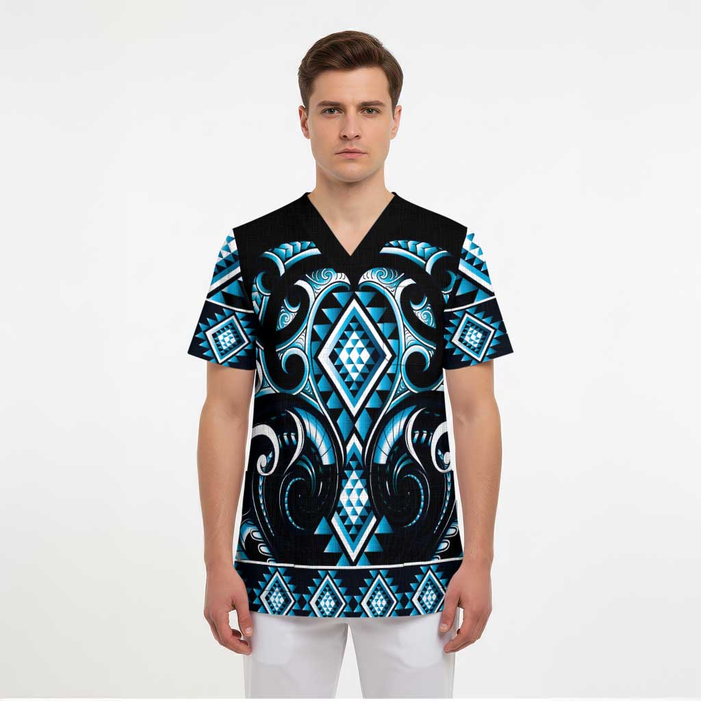 Blue Ngaru Taniko With Aotearoa Maori Tattoo Scrub Top LT14 - Polynesian Pride