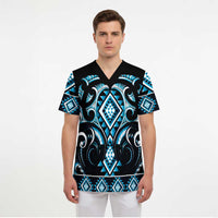 Blue Ngaru Taniko With Aotearoa Maori Tattoo Scrub Top LT14 - Polynesian Pride