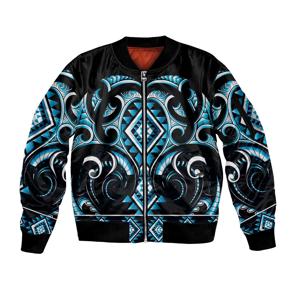 Blue Ngaru Taniko With Aotearoa Maori Tattoo Sleeve Zip Bomber Jacket LT14 Unisex Blue - Polynesian Pride