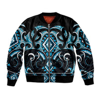 Blue Ngaru Taniko With Aotearoa Maori Tattoo Sleeve Zip Bomber Jacket LT14 Unisex Blue - Polynesian Pride