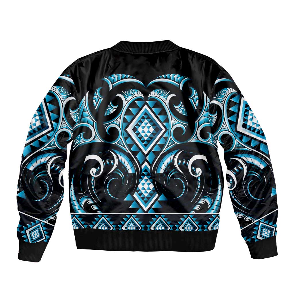 Blue Ngaru Taniko With Aotearoa Maori Tattoo Sleeve Zip Bomber Jacket LT14 - Polynesian Pride