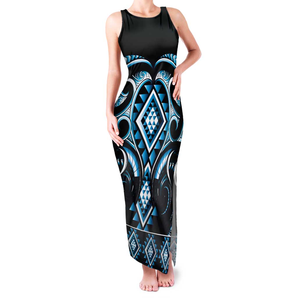 Blue Ngaru Taniko With Aotearoa Maori Tattoo Tank Maxi Dress