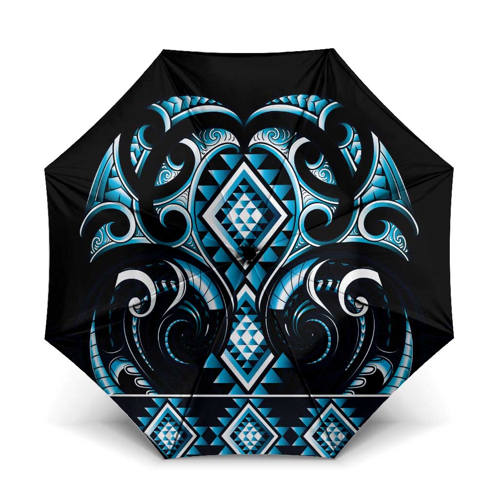 Blue Ngaru Taniko With Aotearoa Maori Tattoo Umbrella LT14 One Size Folded 11.42 inch Opened Diameter 37.4 inch Blue - Polynesian Pride