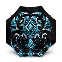 Blue Ngaru Taniko With Aotearoa Maori Tattoo Umbrella LT14 One Size Folded 11.42 inch Opened Diameter 37.4 inch Blue - Polynesian Pride
