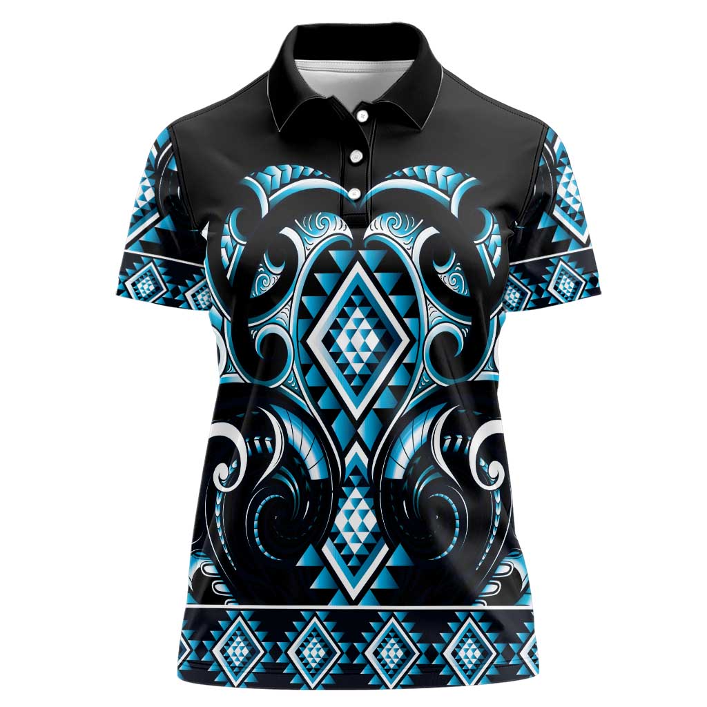 Blue Ngaru Taniko With Aotearoa Maori Tattoo Women Polo Shirt