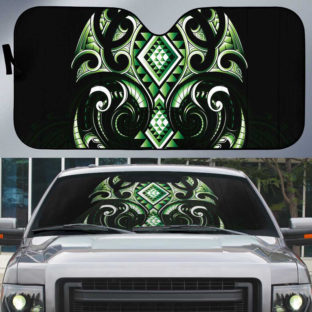 Green Ngaru Taniko With Aotearoa Maori Tattoo Auto Sun Shade LT14 Green - Polynesian Pride