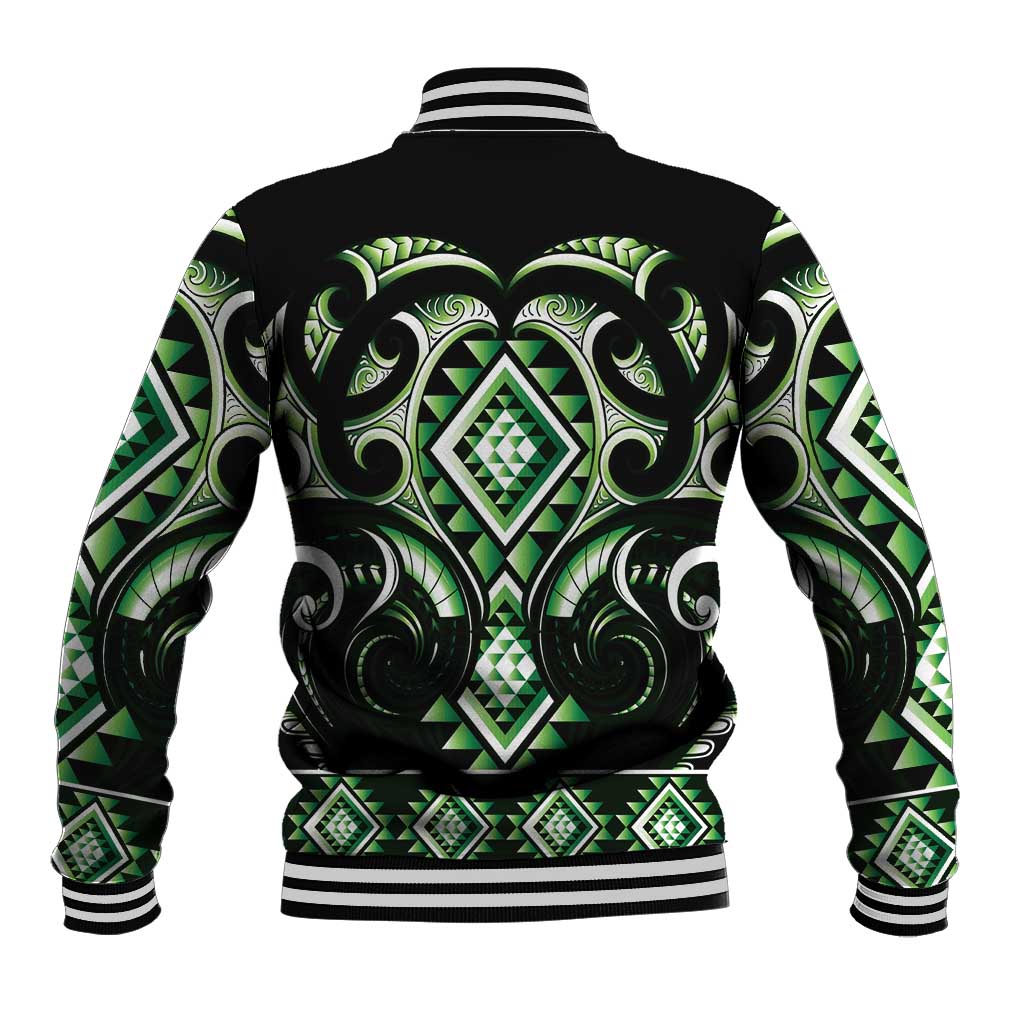 Green Ngaru Taniko With Aotearoa Maori Tattoo Baseball Jacket LT14 - Polynesian Pride