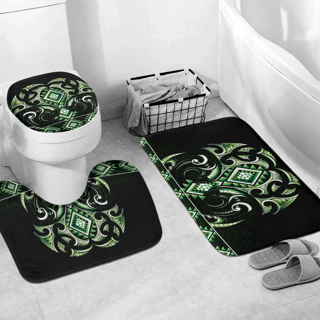 Green Ngaru Taniko With Aotearoa Maori Tattoo Bathroom Set LT14 Mat Set Only (3 pcs) One Size Green - Polynesian Pride