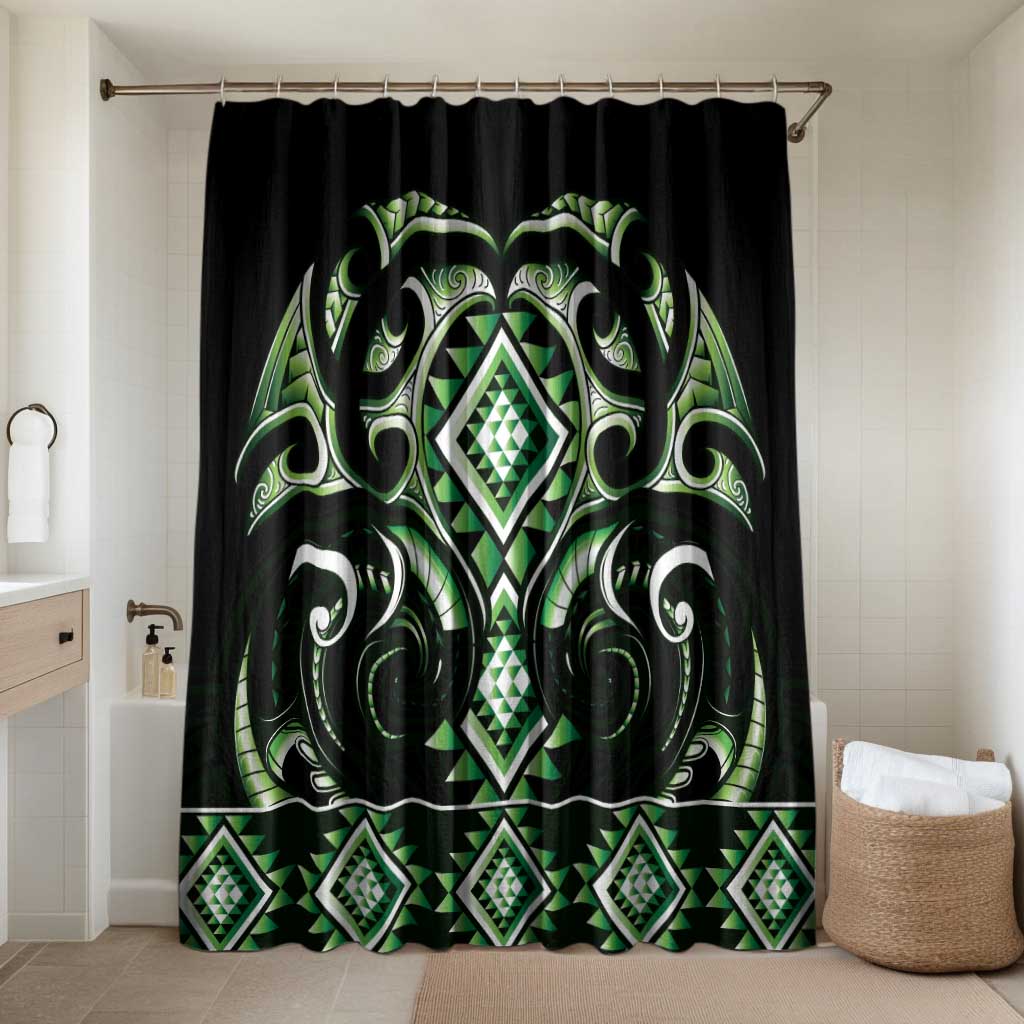 Green Ngaru Taniko With Aotearoa Maori Tattoo Bathroom Set LT14 Shower Curtain Only Green - Polynesian Pride