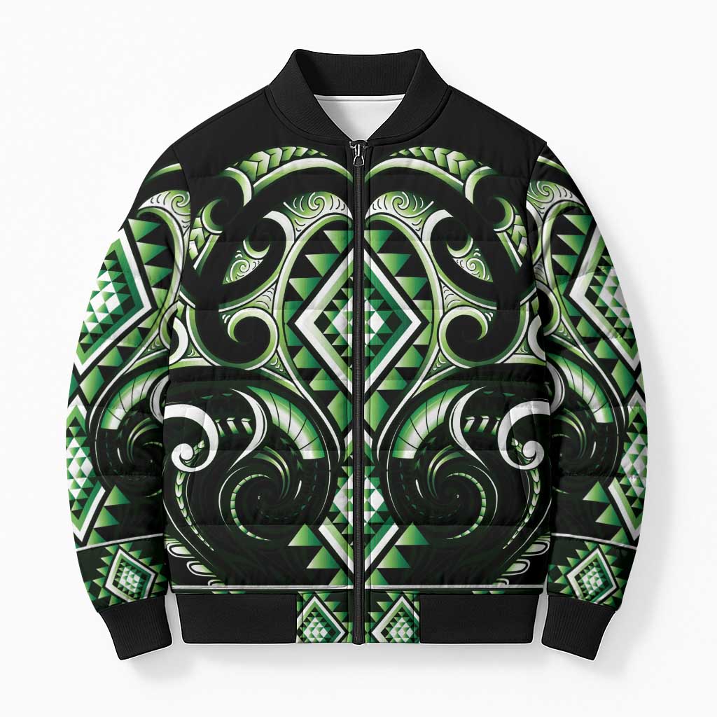Green Ngaru Taniko With Aotearoa Maori Tattoo Bomber Puffer Jacket LT14 Unisex Green - Polynesian Pride