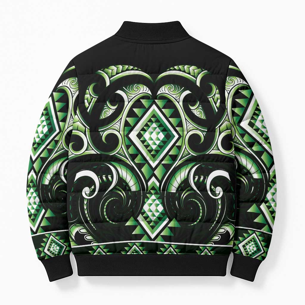 Green Ngaru Taniko With Aotearoa Maori Tattoo Bomber Puffer Jacket LT14 - Polynesian Pride