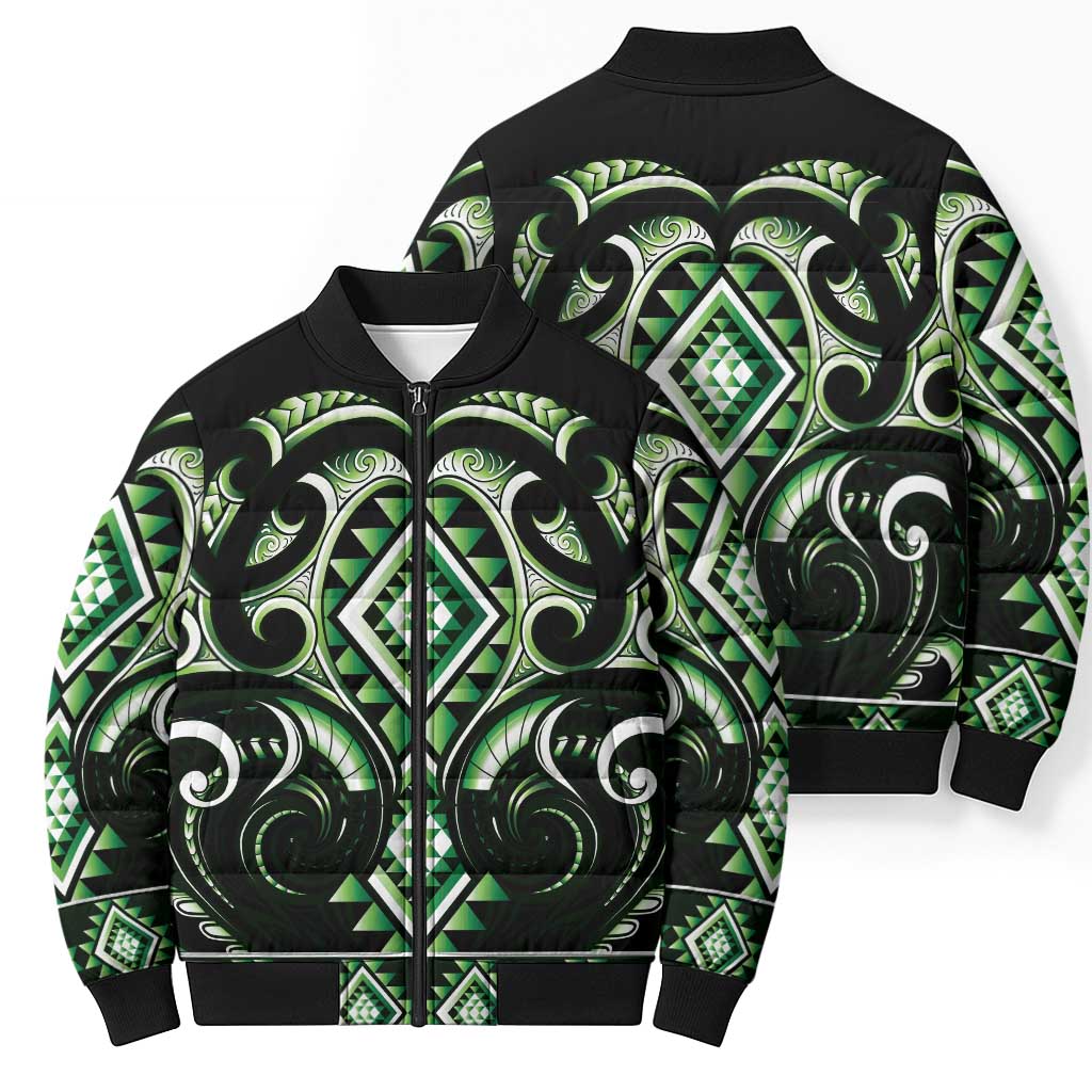Green Ngaru Taniko With Aotearoa Maori Tattoo Bomber Puffer Jacket LT14 - Polynesian Pride