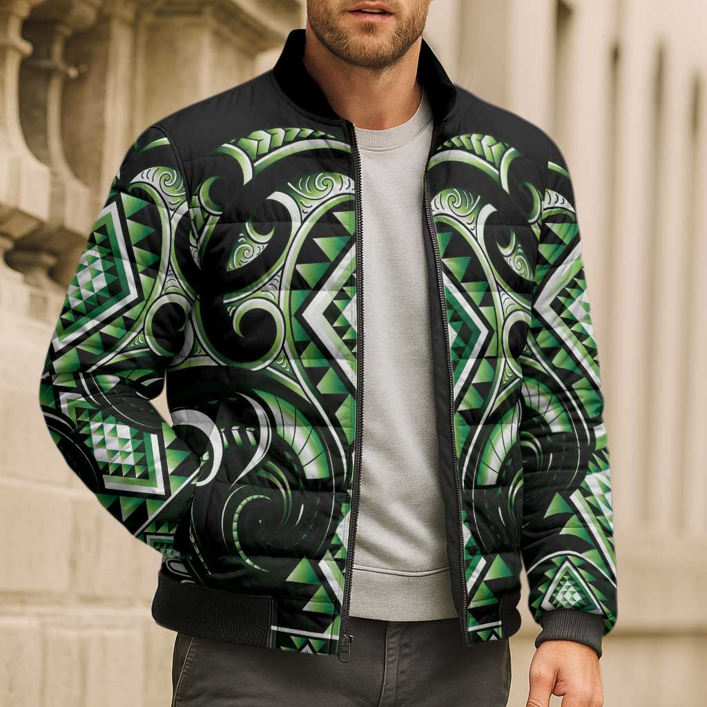 Green Ngaru Taniko With Aotearoa Maori Tattoo Bomber Puffer Jacket LT14 - Polynesian Pride