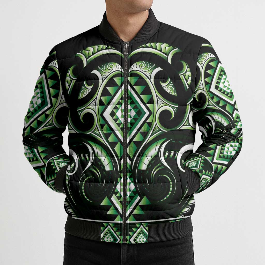 Green Ngaru Taniko With Aotearoa Maori Tattoo Bomber Puffer Jacket LT14 - Polynesian Pride