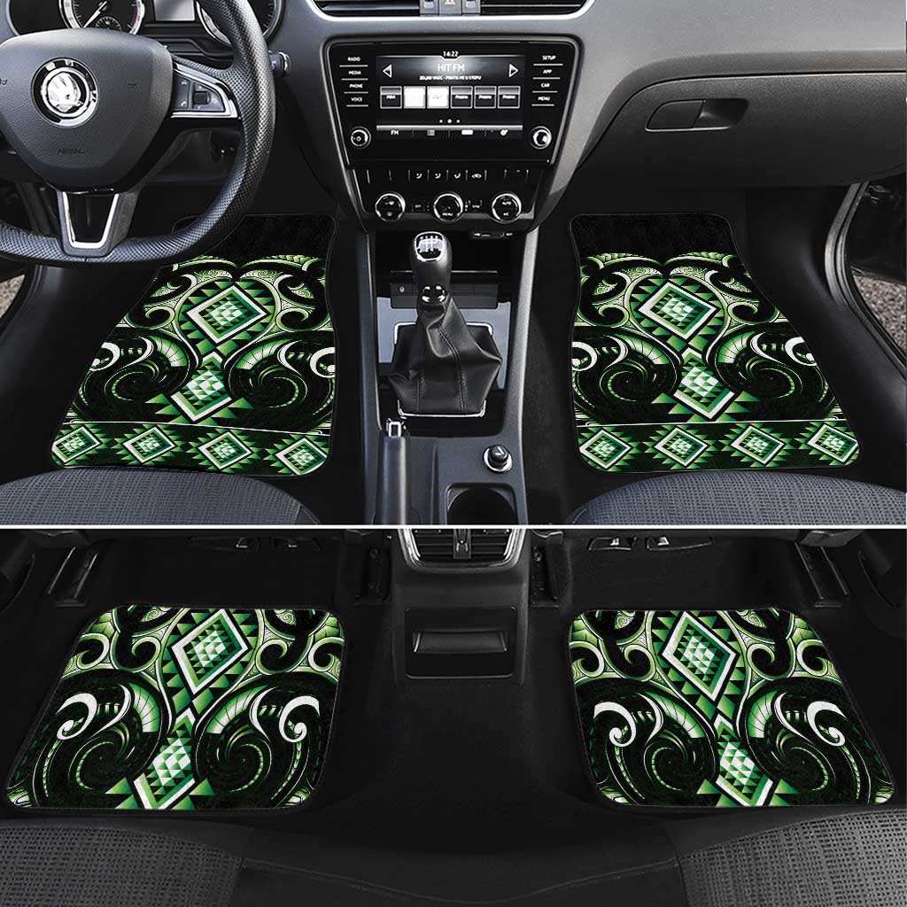 Green Ngaru Taniko With Aotearoa Maori Tattoo Car Mats LT14 Set 4pcs Green - Polynesian Pride