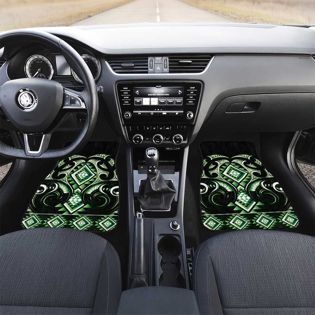 Green Ngaru Taniko With Aotearoa Maori Tattoo Car Mats LT14 Set 2pcs - Front Green - Polynesian Pride