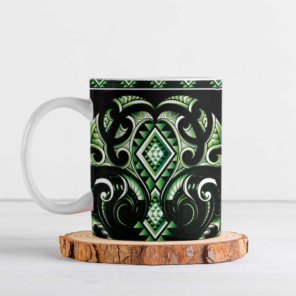 Green Ngaru Taniko With Aotearoa Maori Tattoo Ceramic Mug LT14 Green - Polynesian Pride