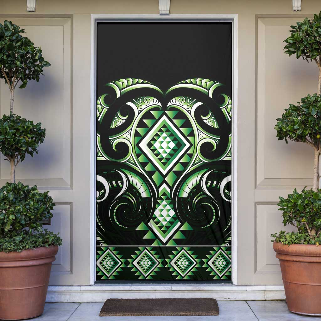 Green Ngaru Taniko With Aotearoa Maori Tattoo Door Cover LT14 Green - Polynesian Pride