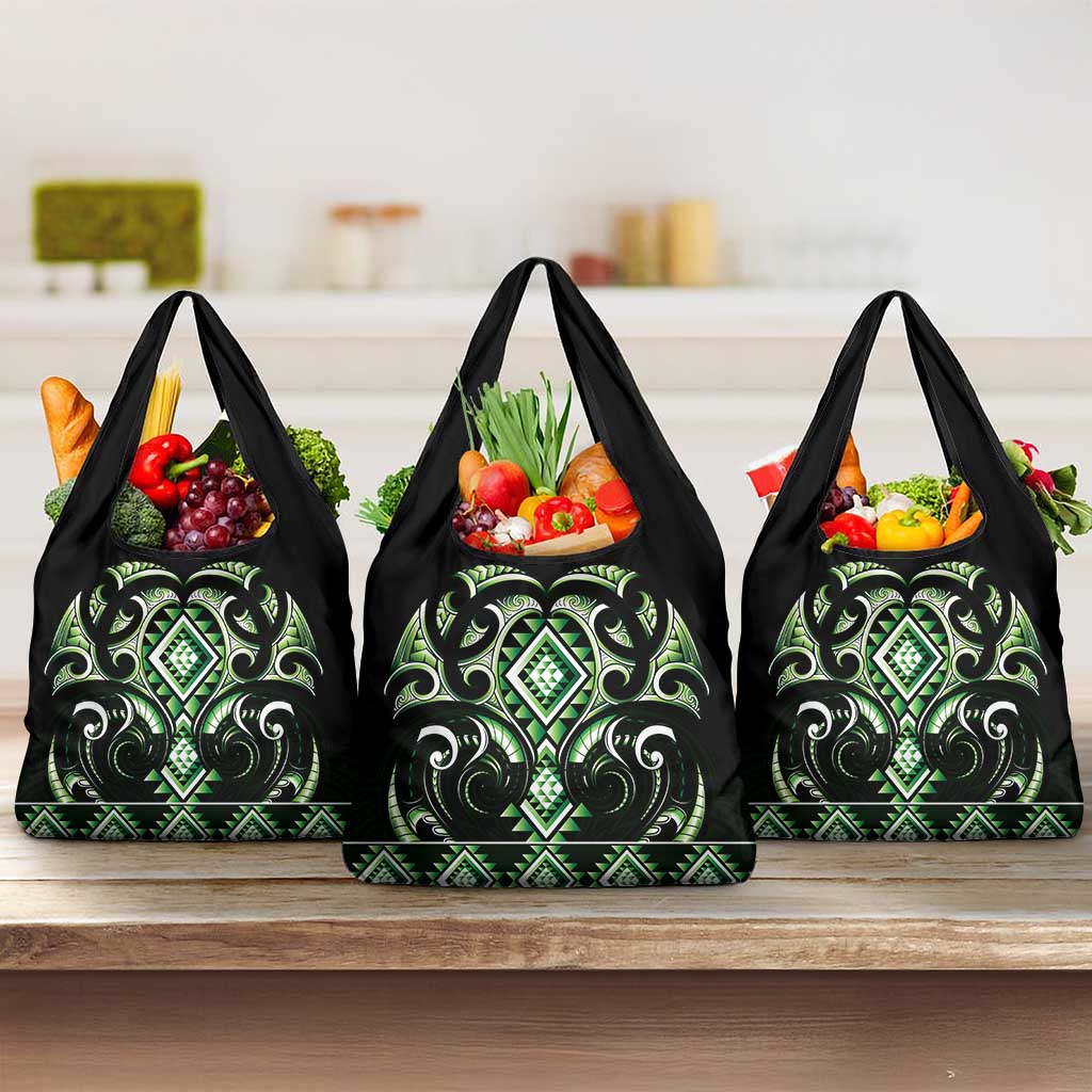 Green Ngaru Taniko With Aotearoa Maori Tattoo Grocery Bag LT14 3-pack One Size Green - Polynesian Pride