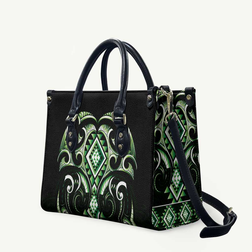 Green Ngaru Taniko With Aotearoa Maori Tattoo Leather Bag LT14 Green - Polynesian Pride