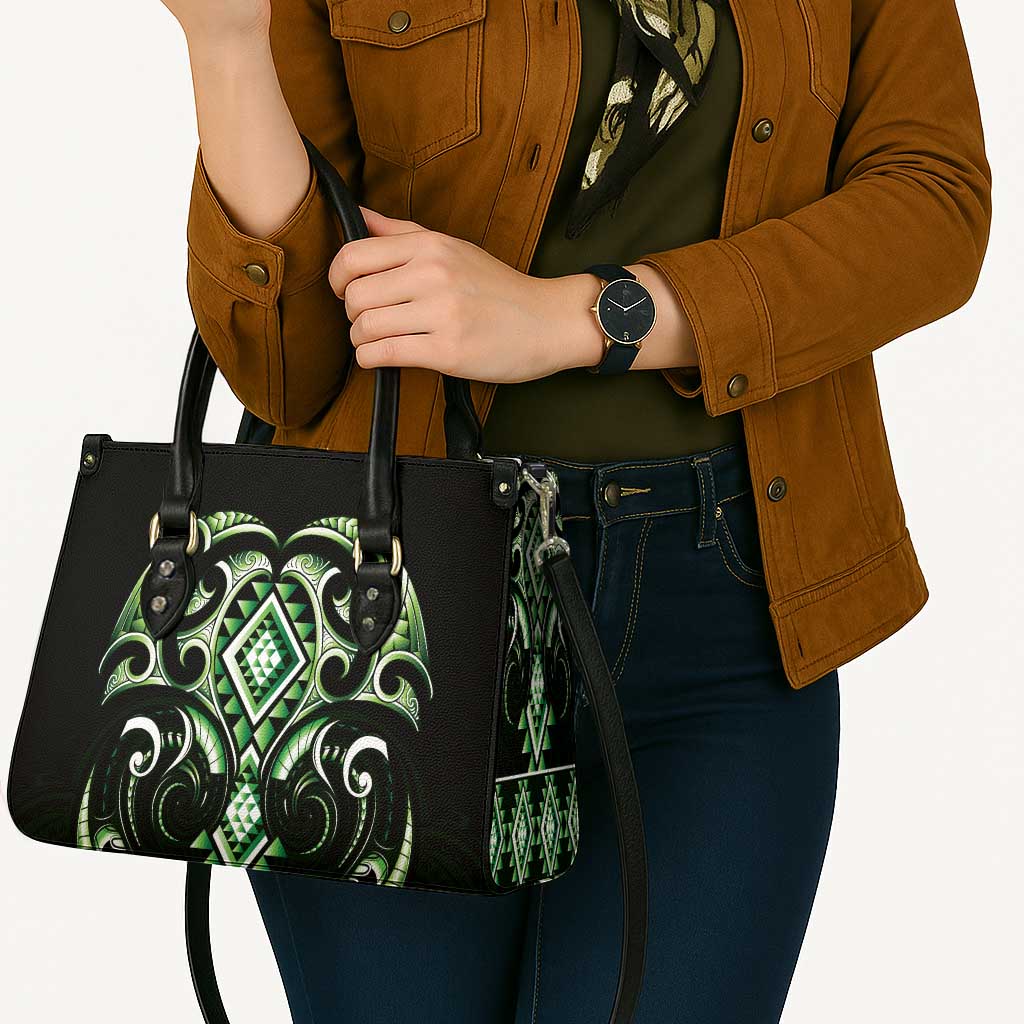 Green Ngaru Taniko With Aotearoa Maori Tattoo Leather Bag LT14 - Polynesian Pride