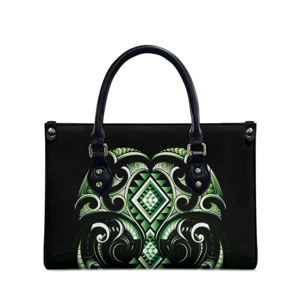 Green Ngaru Taniko With Aotearoa Maori Tattoo Leather Bag LT14 - Polynesian Pride