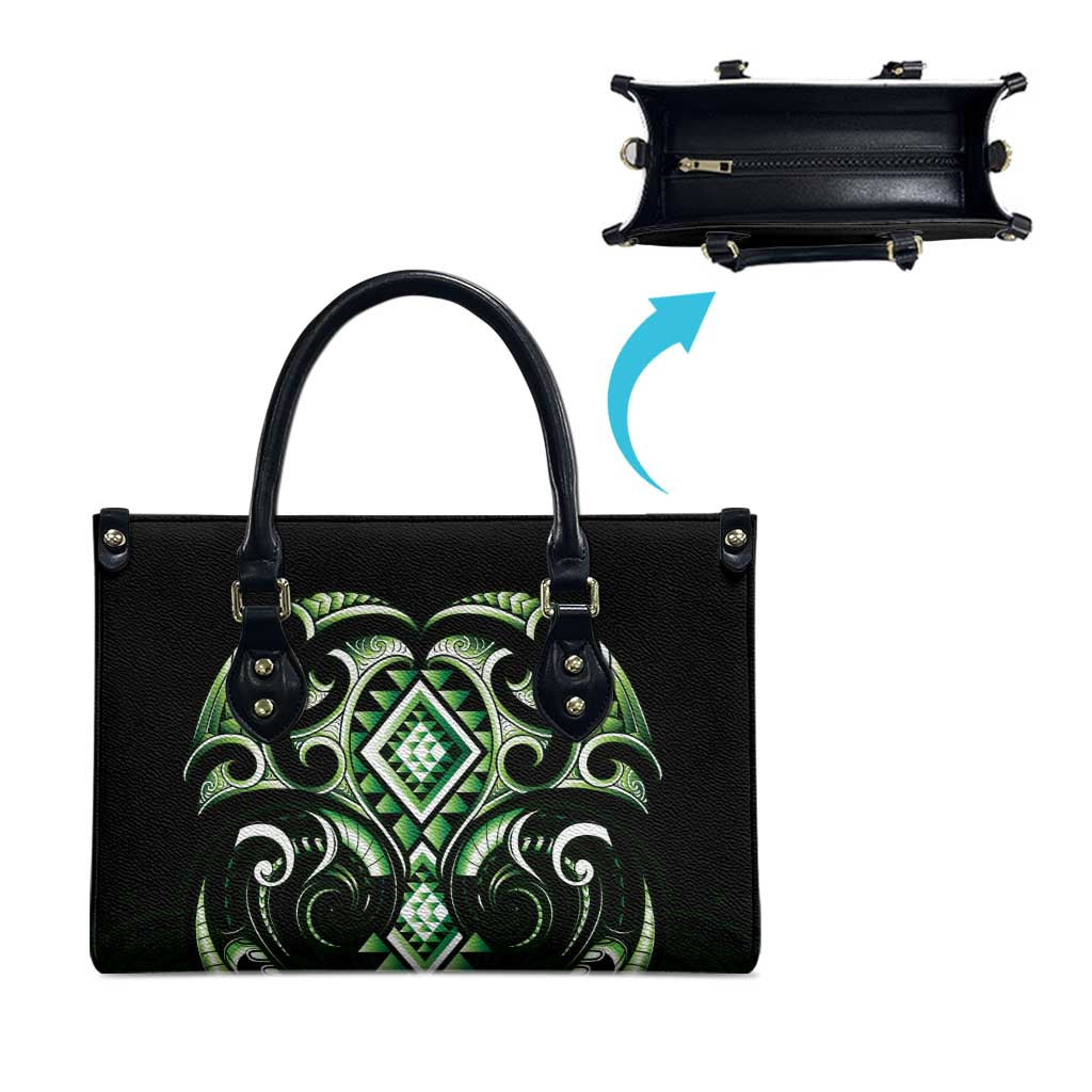 Green Ngaru Taniko With Aotearoa Maori Tattoo Leather Bag LT14 - Polynesian Pride
